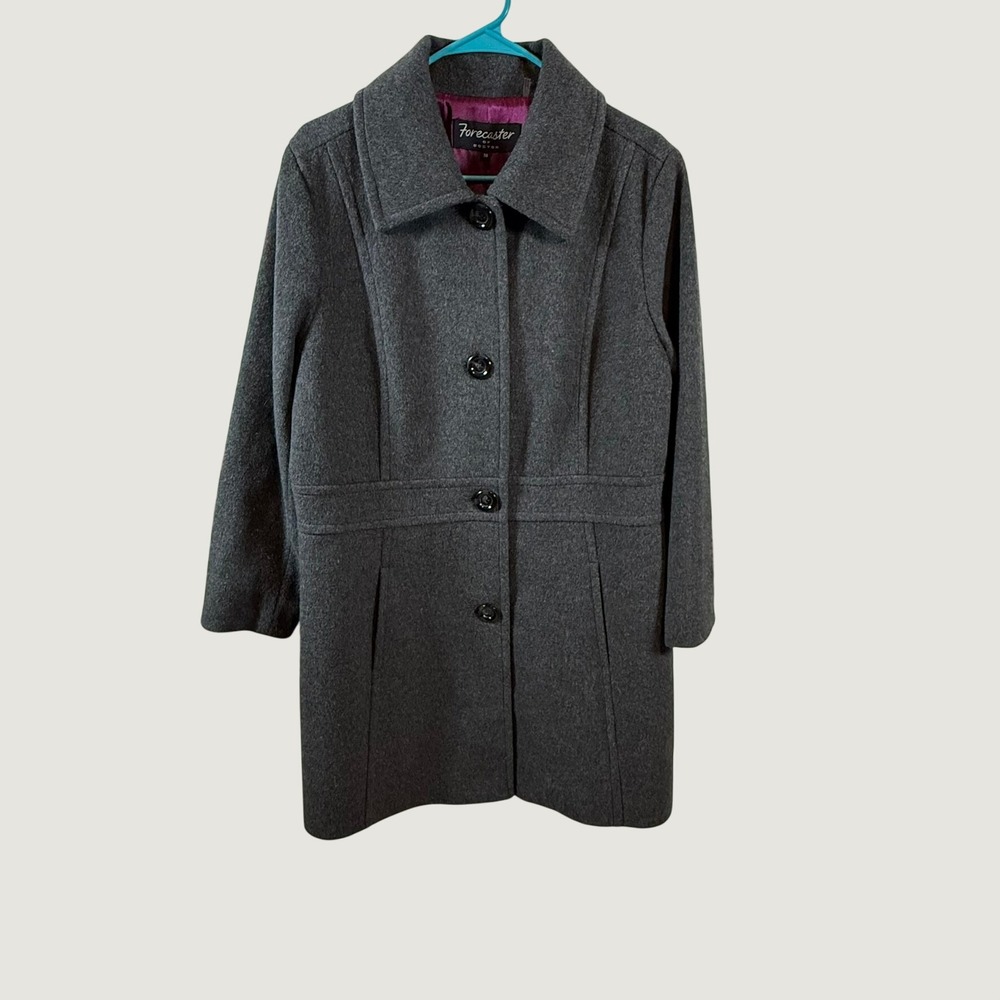 Forecaster of Boston Charcoal Gray Wool Blend Pea Coat Purple Lining Womens 16